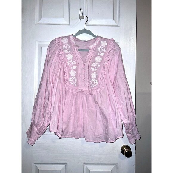 CROWN & IVY Soft Pink Long Sleeve Ruffle Embroidered Neckline Boho Blouse - Picture 1 of 11